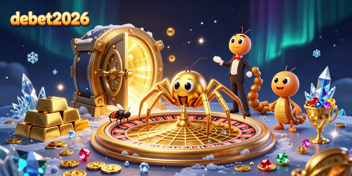 Place bets at debet2026's roulette-style golden web amidst jewels and treasures.