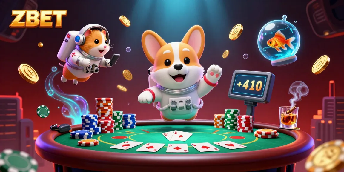 ZBET casino illustration showing an astronaut corgi and characters in a vibrant, dynamic scene with poker elements.