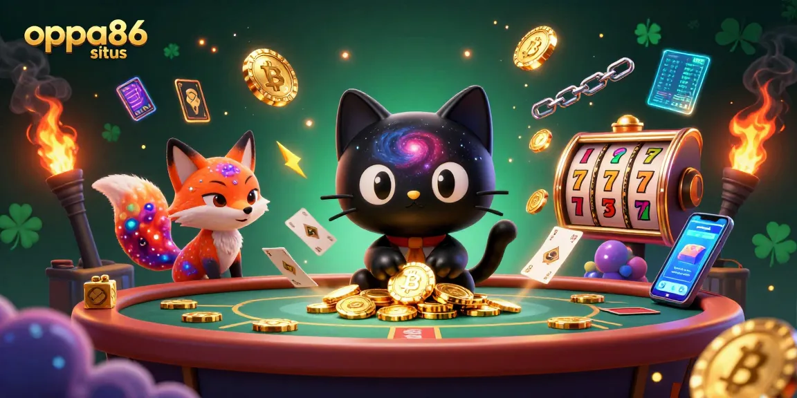 Engage with oppa86 situs for thrilling casino adventures at a cosmic table with vibrant characters.