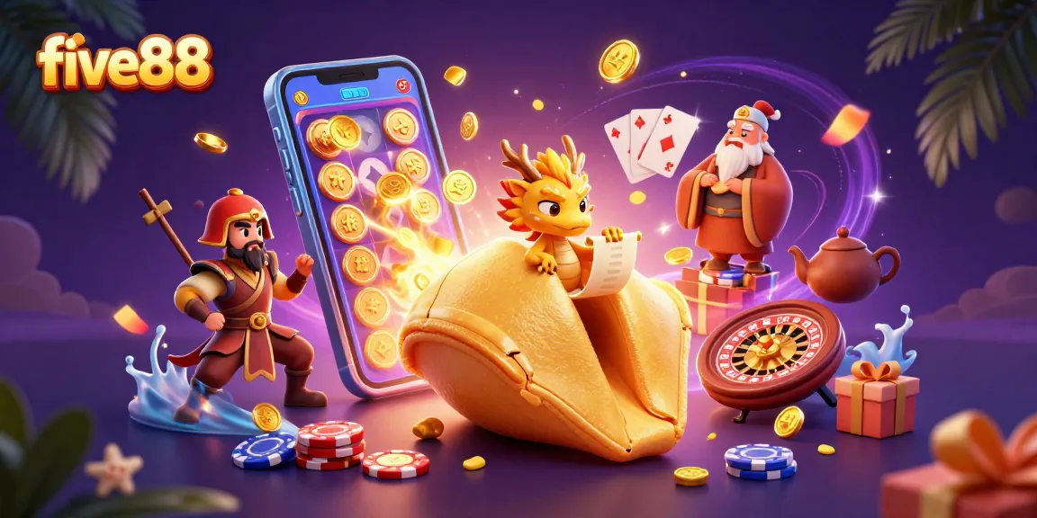 Engage with five88's colorful slot games through a magical casino scene bursting with excitement.