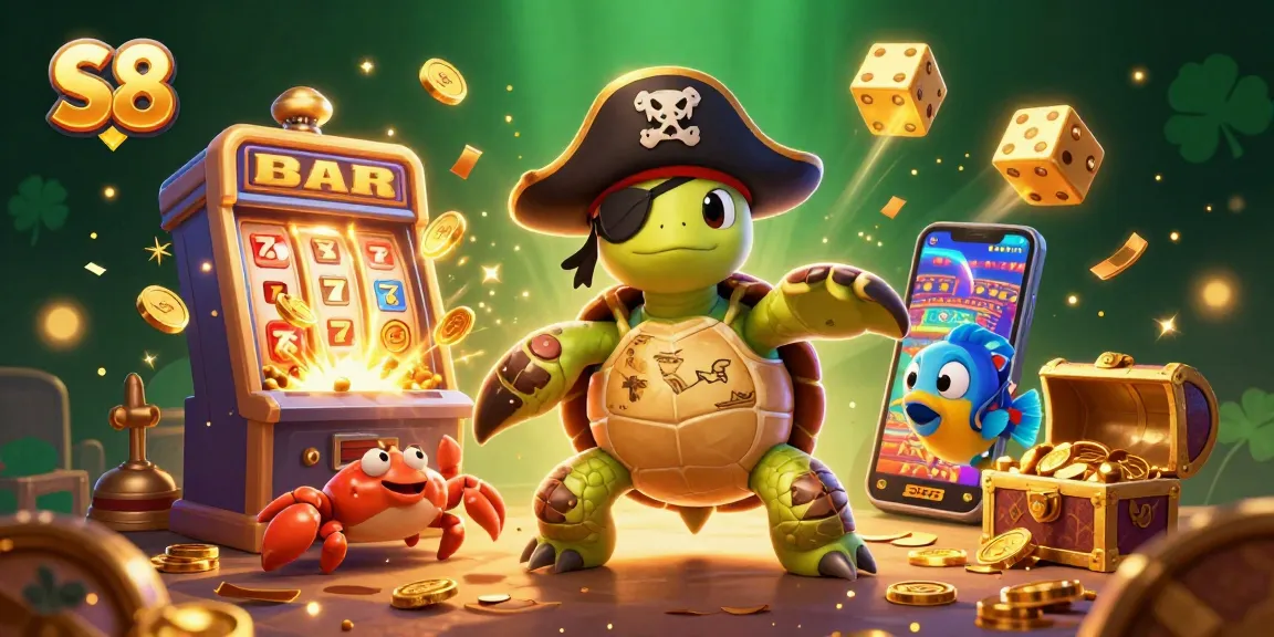 S8 casino illustration of a turtle and crab with slot machine coins bursting, engaging players.