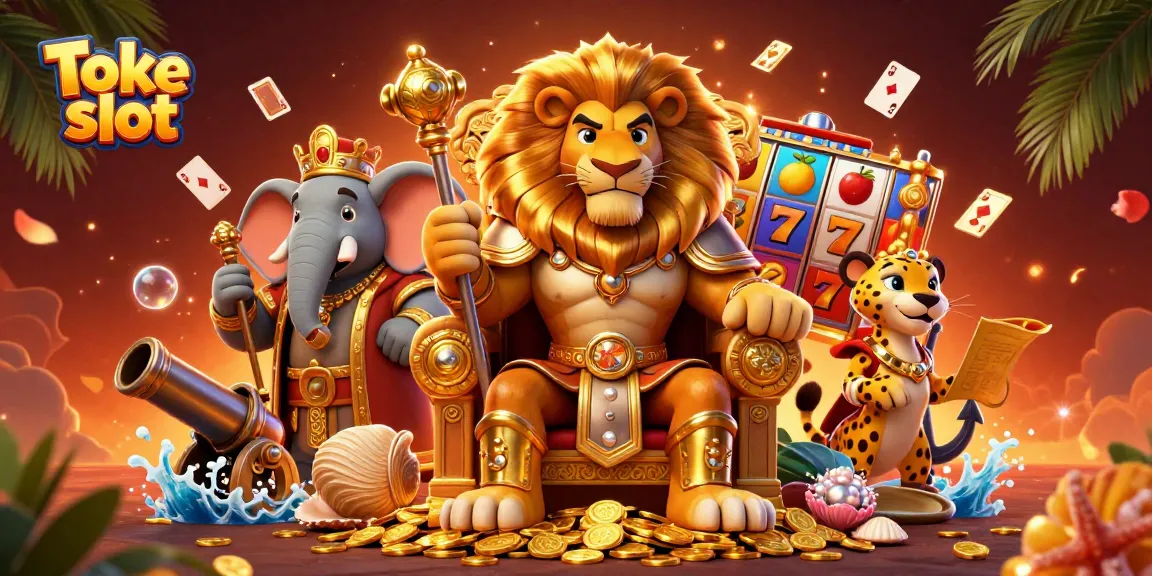Play exciting games at Toke slot with vibrant slot reels, thrilling jackpot counters, and cartoon characters.