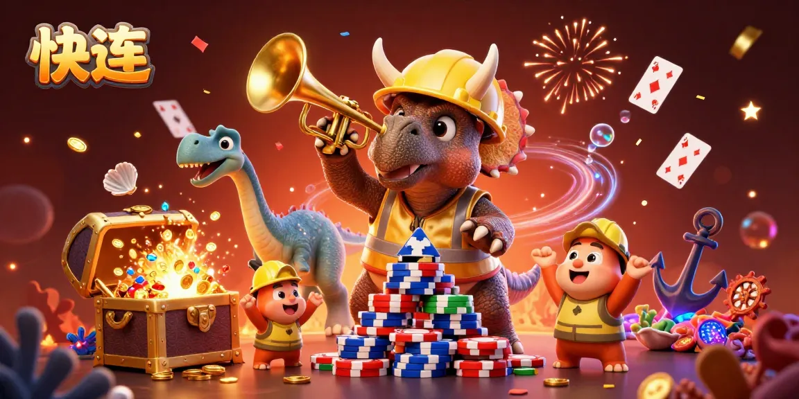 快连 enhances gaming excitement with a festive scene of dinosaurs celebrating as they build poker chip pyramids.
