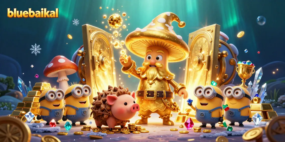 Experience thrilling gameplay with bluebaikal's golden treasures and magical characters in a vibrant casino illustration.