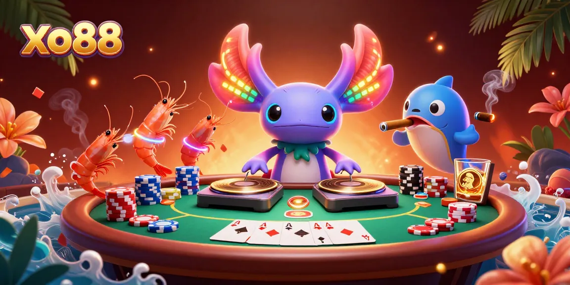 Spin with xo88 at a vibrant casino party featuring neon characters and poker elements