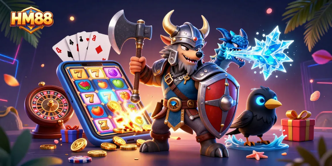 Experience thrilling gaming with HM88 in this vibrant casino-themed illustration.