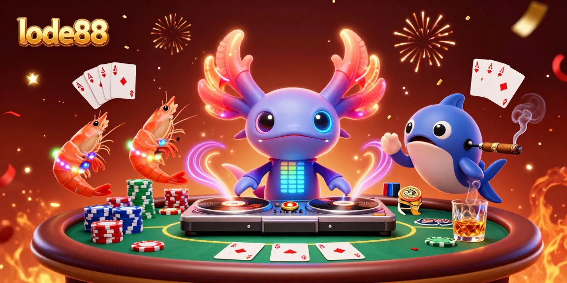 Join the excitement of lode88 with a dynamic casino scene featuring a neon-colored axolotl DJ and vibrant gaming elements.