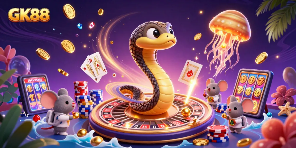 Place bets on GK88 with astronauts in a cosmic casino scene featuring golden coins and cards.