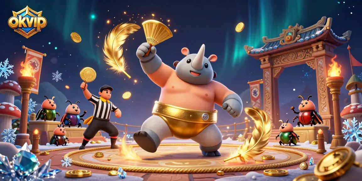Engage in thrilling betting action with okvip as the rhinoceros beetle champion sends coins flying in an exciting arena.