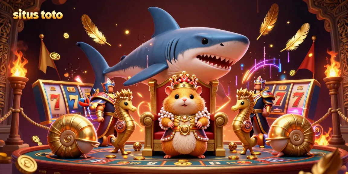 Situs toto gameplay with a hamster king and seahorse guards in an opulent casino battle illustration.