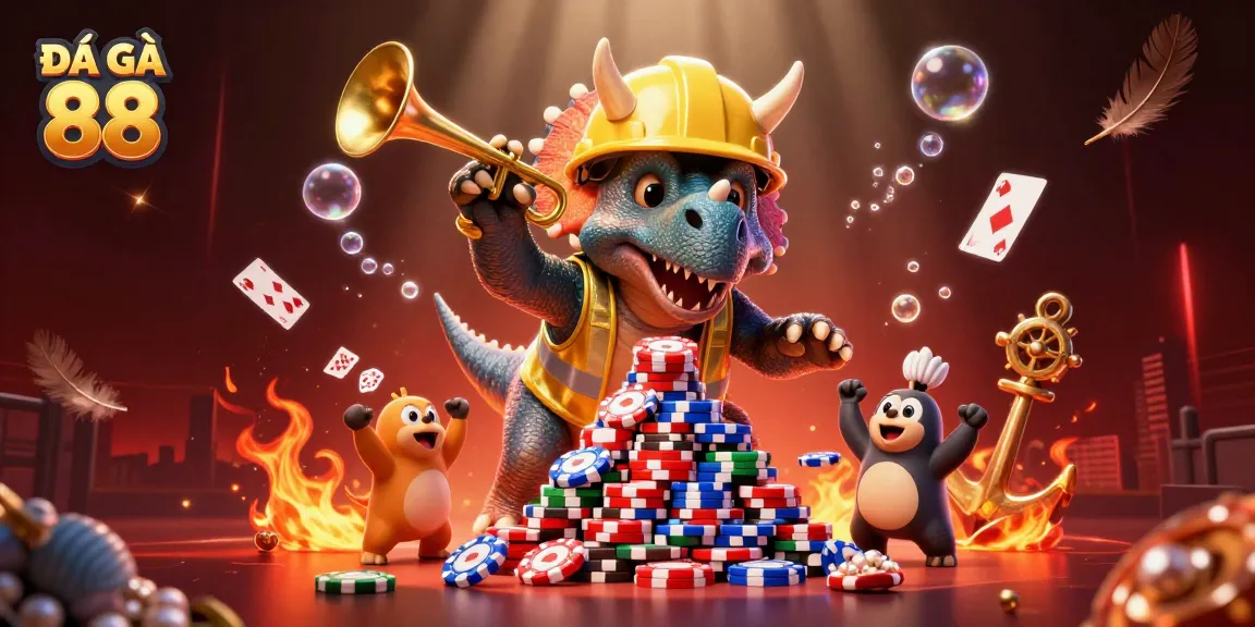 Engage with ĐÁ GÀ 88 through lively animated triceratops and dynamic cockfighting elements in action.