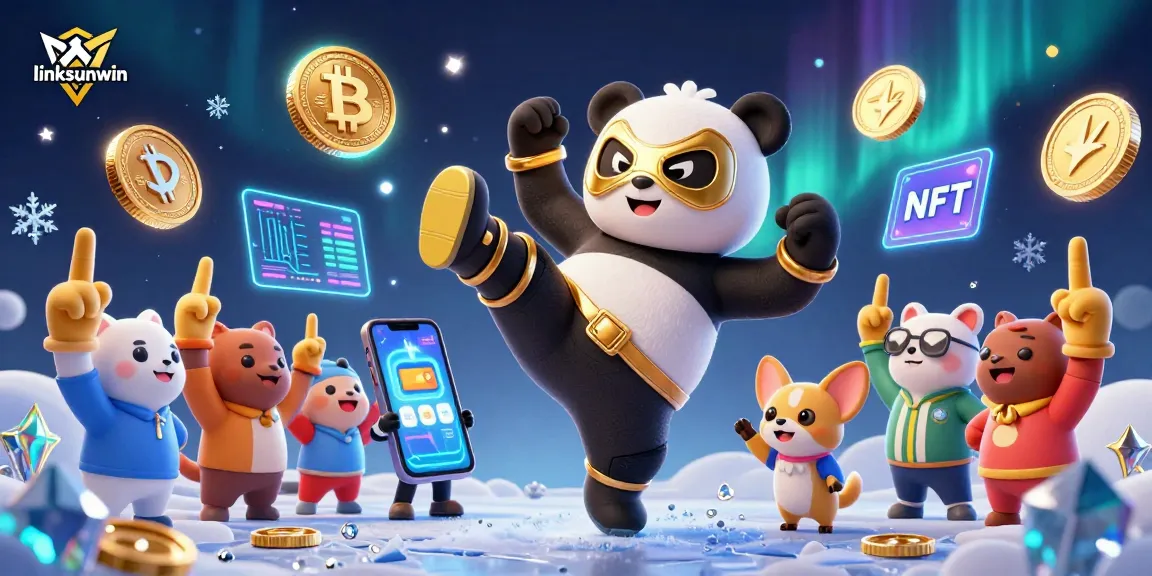 linksunwin showcases a vibrant 3D scene with a wrestler panda and crypto coins in action.