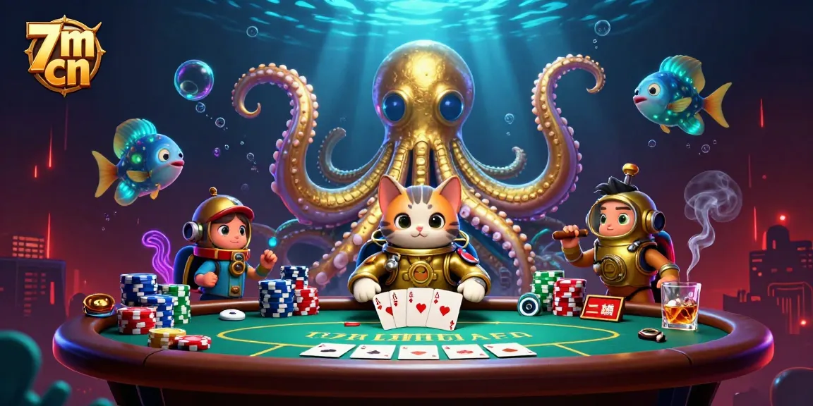 Engage with 7m cn's thrilling casino features featuring a colossal kraken and vibrant poker elements.