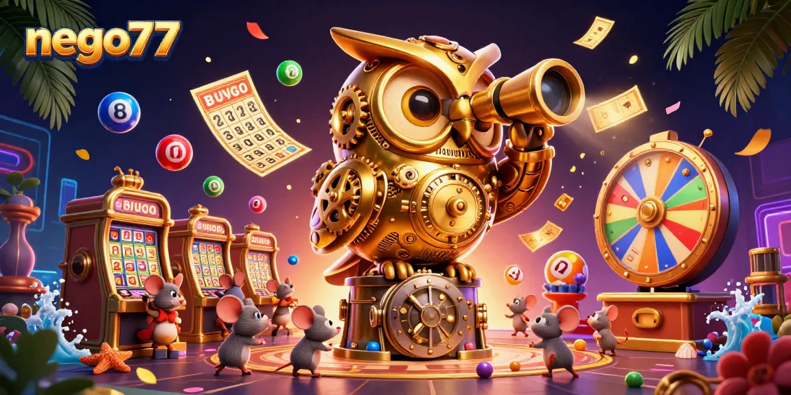 Nego77 presents a vibrant 3D casino scene with a golden owl and dynamic elements showcasing engaging gambling excitement.
