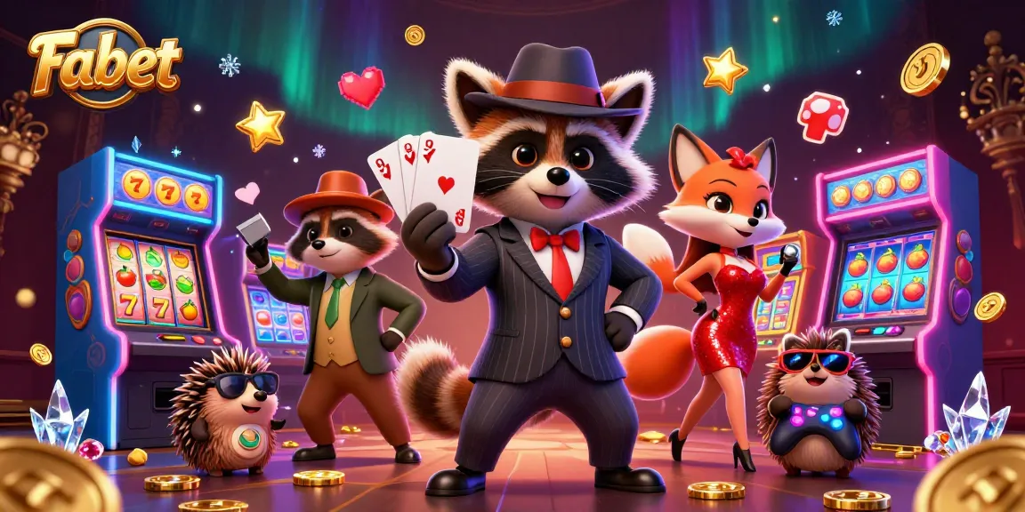 Fabet showcases a raccoon gentleman holding a royal flush with vivid casino elements.