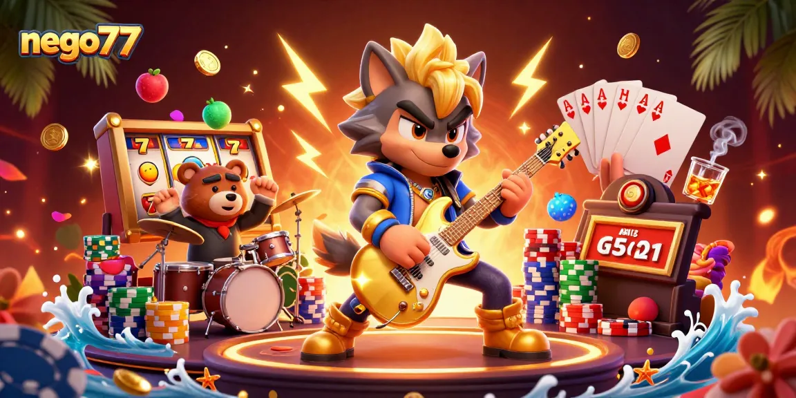 Nego77 showcases vibrant slot antics with a rock star wolf and dynamic casino elements!