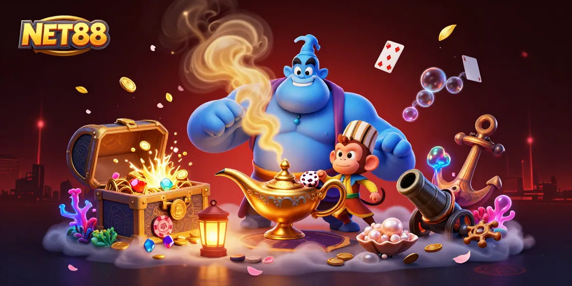 Engage with NET88's thrilling gaming scene animated by a genie and poker chips.
