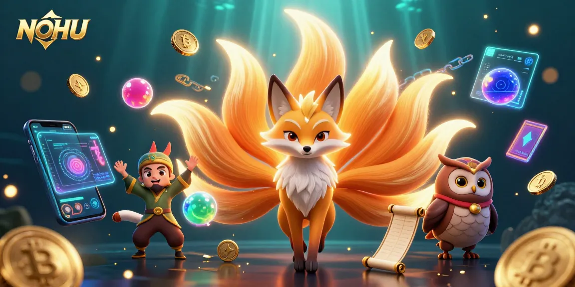 Engage with NOHU's vibrant casino world featuring a dazzling fox spirit and glowing orbs amidst cryptocurrency elements.