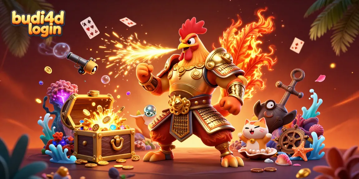 Budi4d login adventure scene with a heroic rooster and dragon amidst treasure and games, showcasing vibrant casino elements.