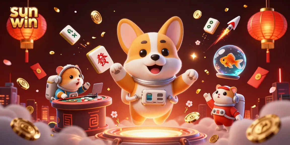 Experience the thrill of sun win in a vibrant 3D casino scene with floating coins and characters.