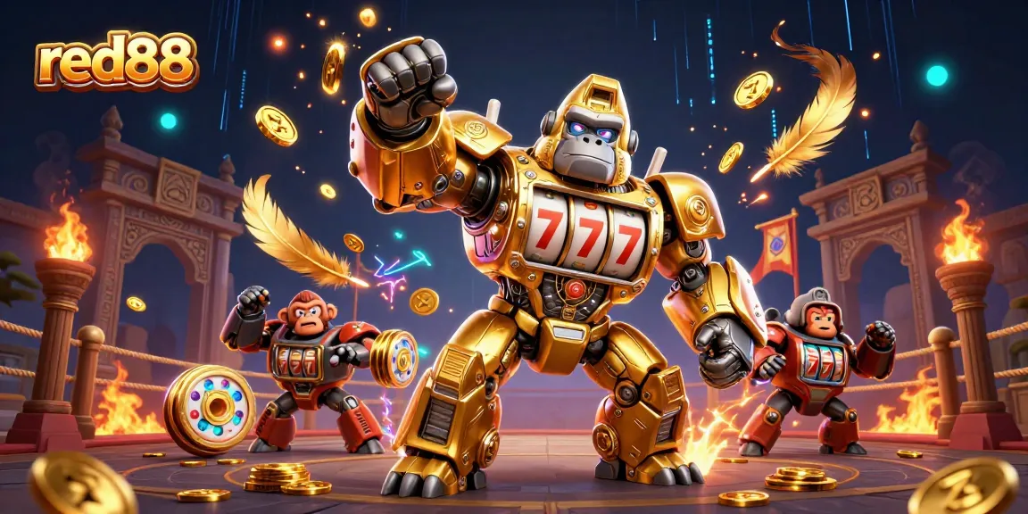 Experience the thrill of winning with red88's dynamic gambling animation featuring a golden mech.