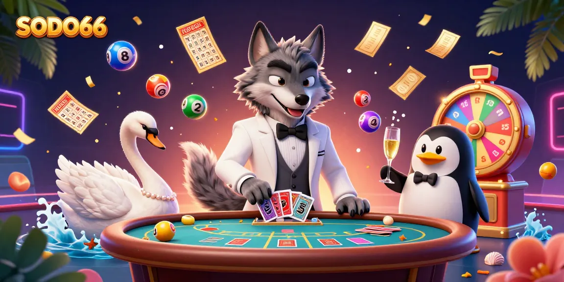 SODO66 engaging players at a lively baccarat table with charming characters and vibrant games.