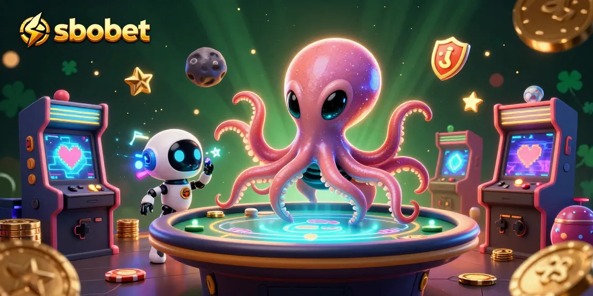 Menangkan taruhan sbobet dalam ilustrasi kasino digital dengan alien gurita bermain poker untuk keseruan taruhan.