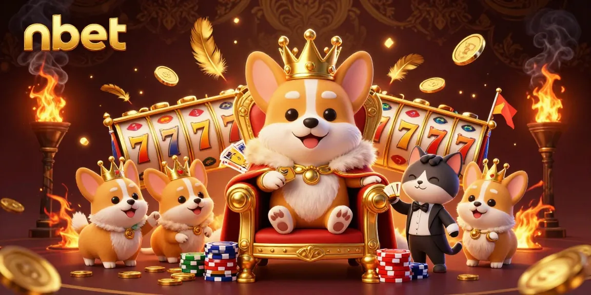 Spin jackpot reels with nbet's royal corgi and cat butler amidst dazzling gold coins.