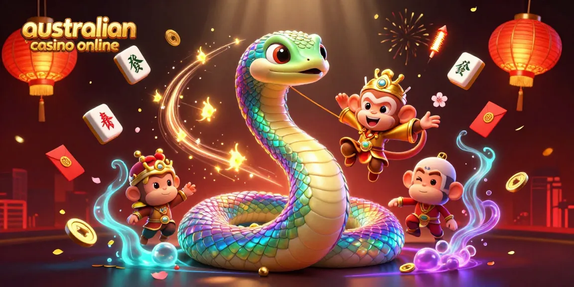 Engage in the vibrant world of australian casino online with a dynamic illustration featuring a playful monkey king and rainbow serpent.