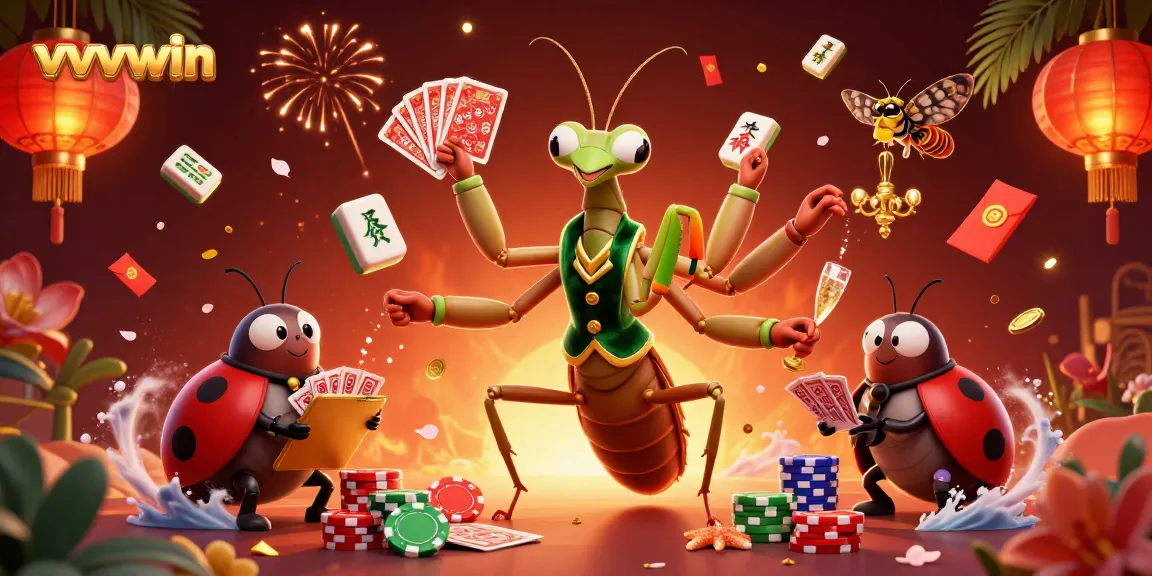 Place your bets with vvvwin! Experience a vibrant casino scene with a giant mantis and ladybug characters.