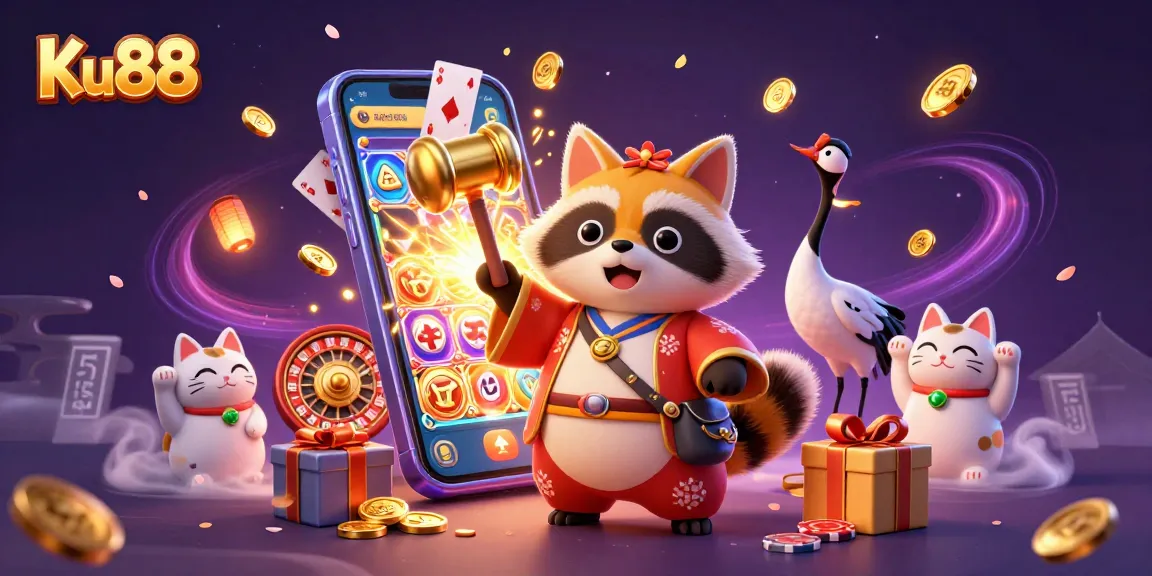 Engage with the vibrant scene of Ku88 featuring a cheerful tanuki, lucky charms, and dynamic casino elements.