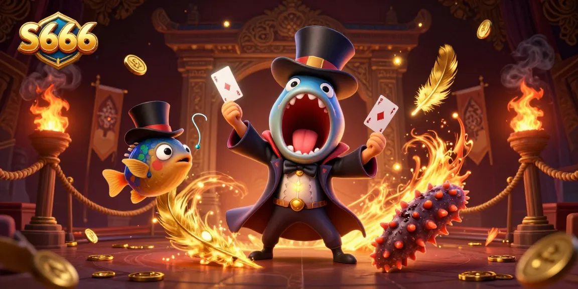 S666 showcases a magical casino scene with deep-sea creatures performing card tricks, surrounded by vibrant gambling tokens.