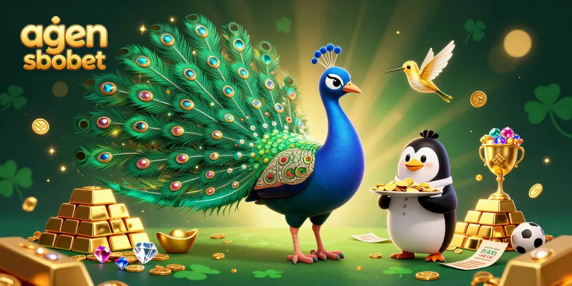 A thrilling scene depicting sports betting with agen sbobet featuring a peacock, penguin, and hummingbird amidst gold treasures and betting elements.