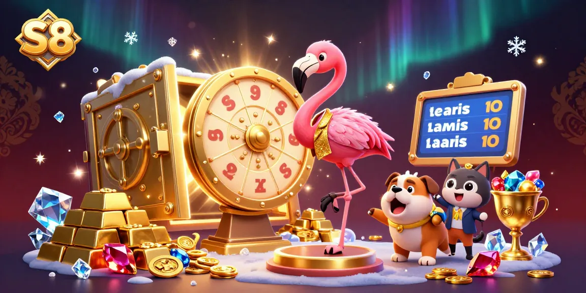 Join the excitement of S8 with an animated game show scene featuring a prize-winning flamingo and playful bulldog.