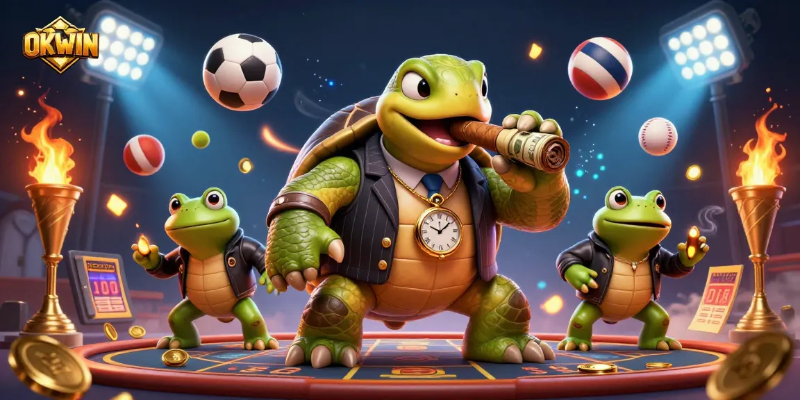 Engage in exhilarating gaming adventures with OKWIN's vibrant 3D casino scene featuring unique characters.