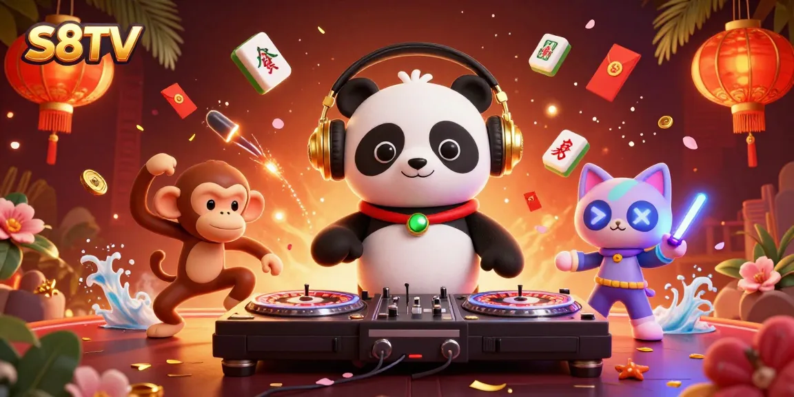 S8TV brings excitement to life through a vibrant digital illustration featuring a DJ panda and breakdancing monkey in a lively casino atmosphere.