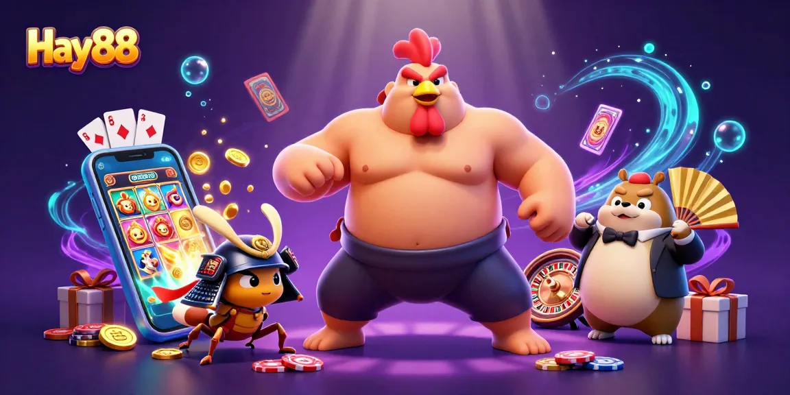 Engage with Hay88's thrilling casino experience featuring a powerful sumo rooster and fierce samurai cricket.