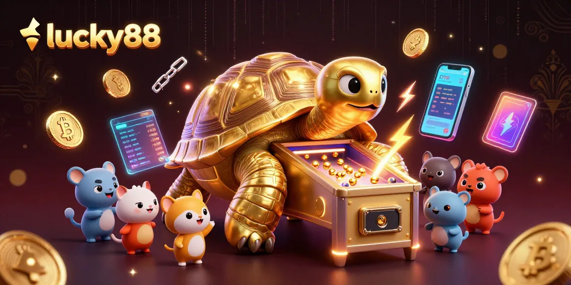 Engage with lucky88 through a vibrant 3D illustration of a colossal tortoise pinball machine.