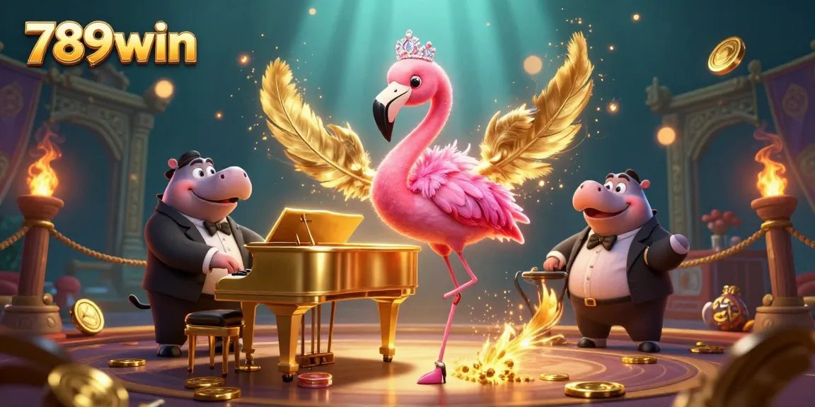 Catch the action at 789win with flamingo and hippo entertainers amidst vibrant casino visuals.