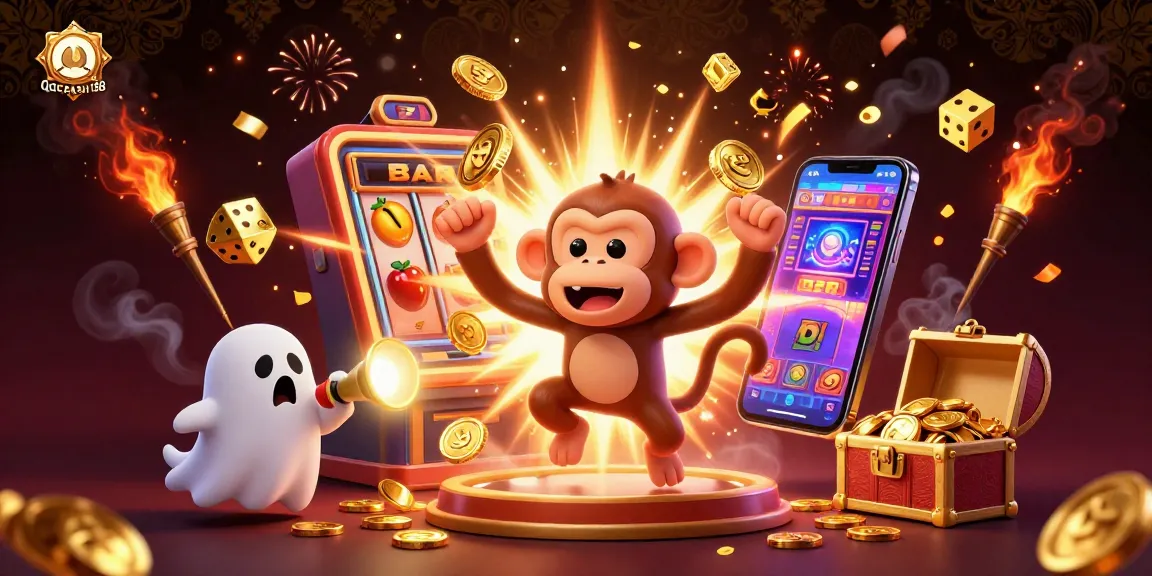 Experience the thrill of QQCASH188 with a lively casino scene filled with spinning slot machines and playful characters.