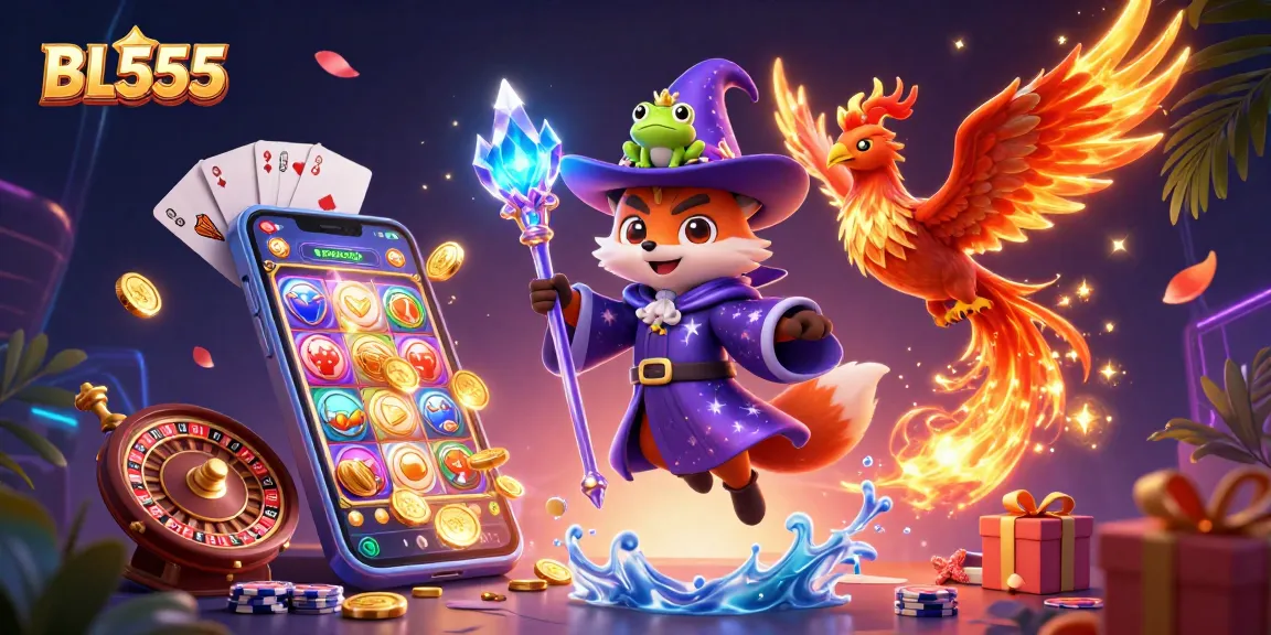 Engage in the exciting world of BL555 as the wizard fox and phoenix accompany vibrant casino elements.