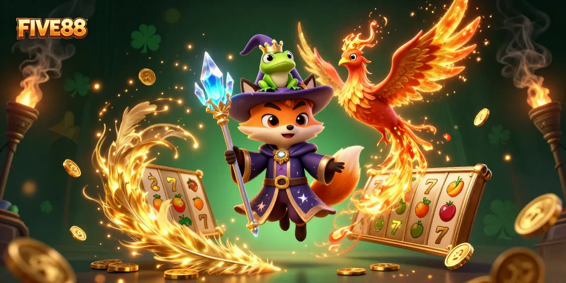 Experience thrilling gameplay at FIVE88 with a dynamic 3D wizard fox and vibrant slot symbols.