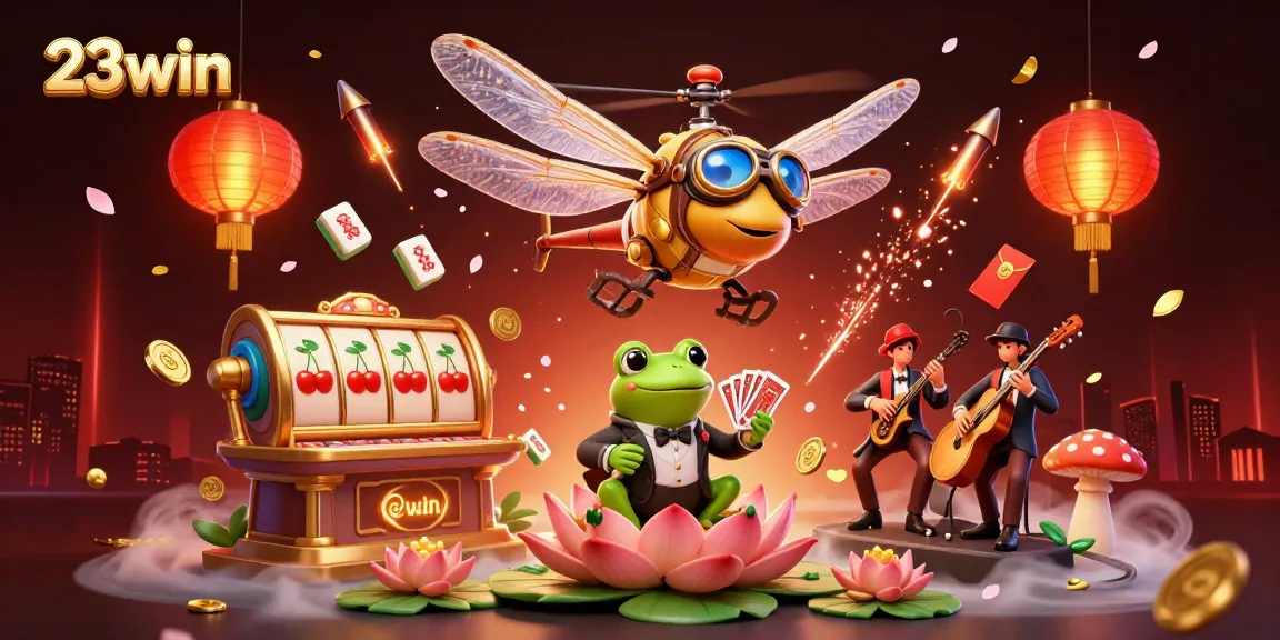 Experience the excitement of 23win as a dragonfly pilot and frog croupier engage in thrilling casino games.