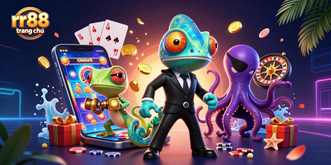 Engage with rr88 trang chủ as a vibrant casino scene showcases thrilling games and iconic characters.