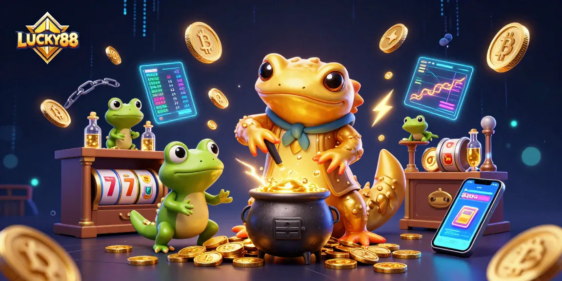 LUCKY88 showcases a vibrant casino scene with alchemists creating gold alongside crypto elements and slot machines.