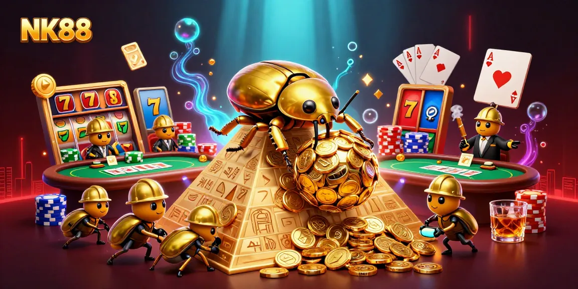 Experience thrilling gaming action at NK88 with a 3D illustration featuring vibrant slot reels and golden coins.