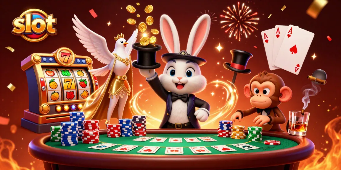 Experience thrilling slot action with a magician rabbit, dazzling coins, and colorful poker chips!