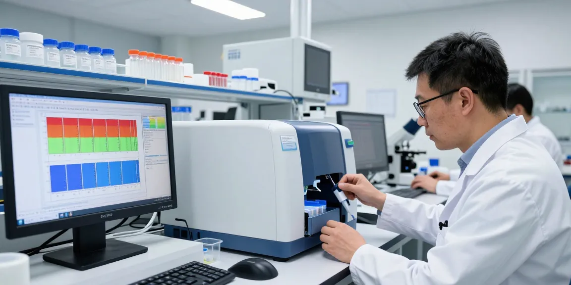 Aegean Labs technician performing HPLC analysis for peptide purity in advanced laboratory.