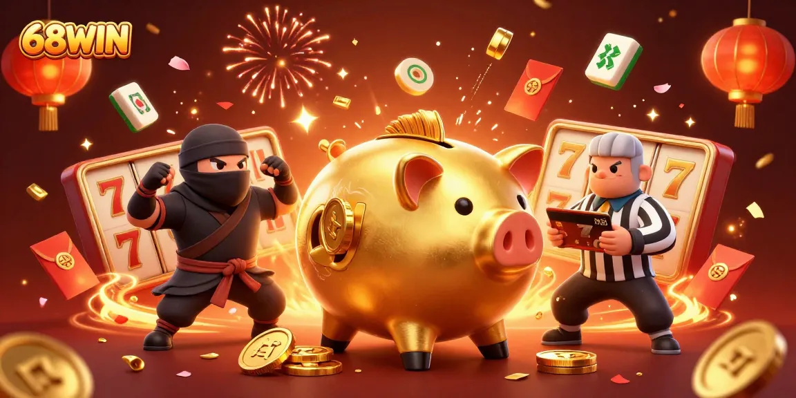 Experience thrilling wins with 68WIN's dynamic 3D casino scene featuring animated characters and vibrant gaming elements.
