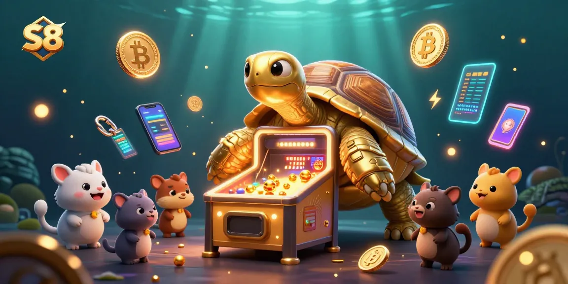 S8 delights players with vibrant gaming visuals featuring animated golden tortoise and crypto elements.